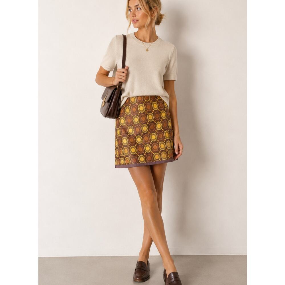 Boden Brown Yellow Embroidered Sunburst Mini Skirt Womens 6 Preppy Mod Retro